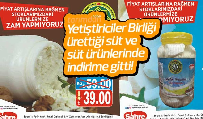 Yetiştiriciler Birliği ürettiği süt ve süt ürünlerinde indirime gitti!