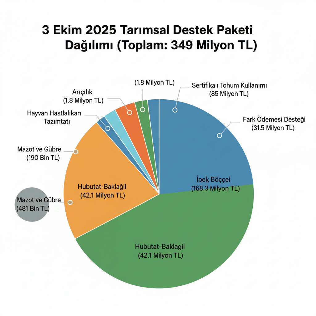 [GRAFİK: 3 Ekim 2025'te yapılan 349 Milyon TL'lik tarımsal destek ödemesinin kalemlere göre dağılımını gösteren bir pasta grafiği. İpek Böceği diliminin en büyük olduğu vurgulanmalı.]