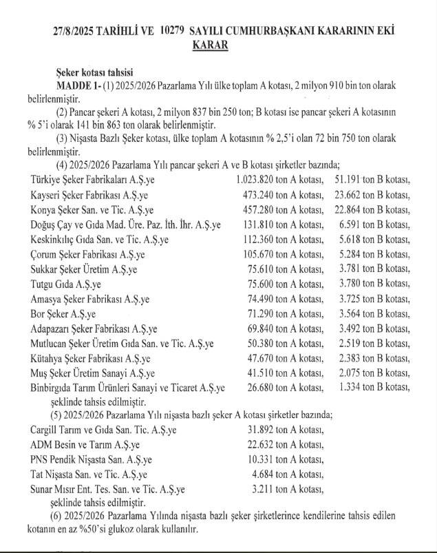 2025 2026 Yılı Şeker Kotaları