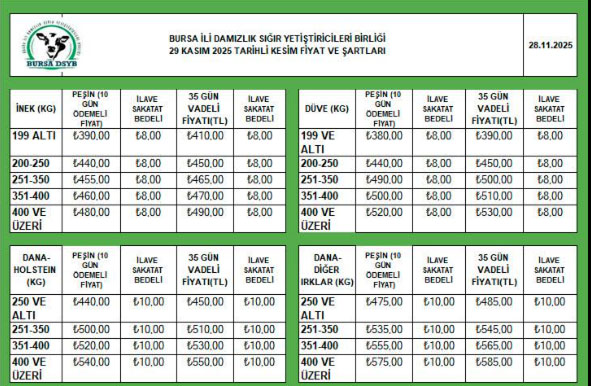 Inek Dana Düve Kesim Fiyatları