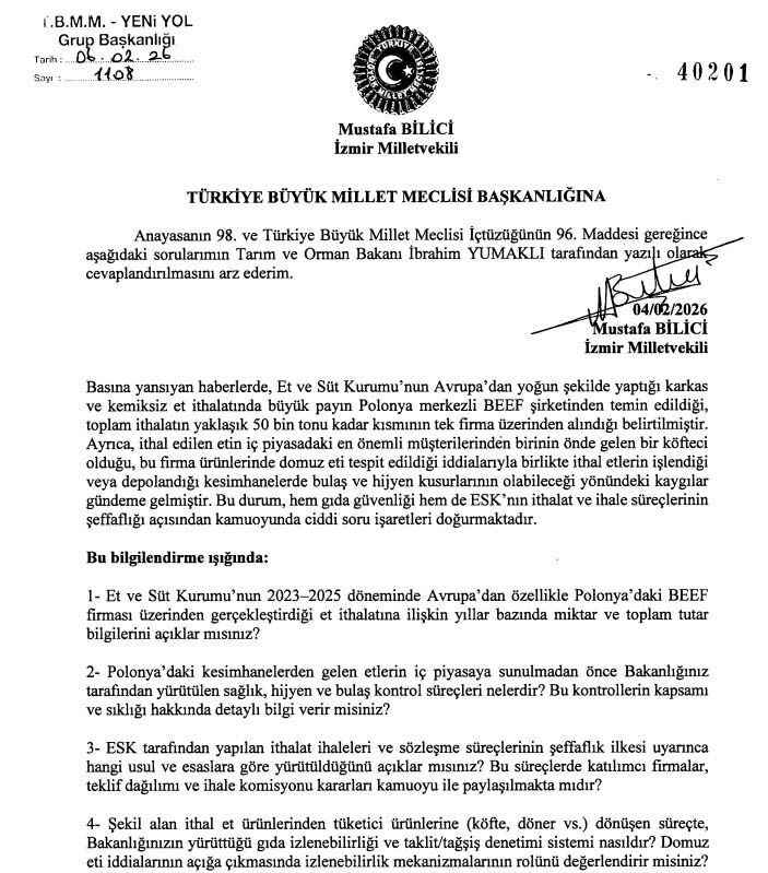 Mustafa Bilici Et Ithalatı Soru Önergesi