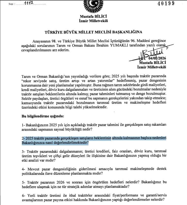 Mustafa Bilici Traktör Satışı Soru Önergesi