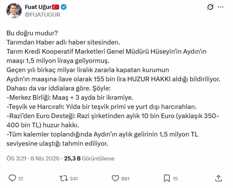 Gazeteci Fuat Uğur Tarım Kredi Genel Müdür Maaşı