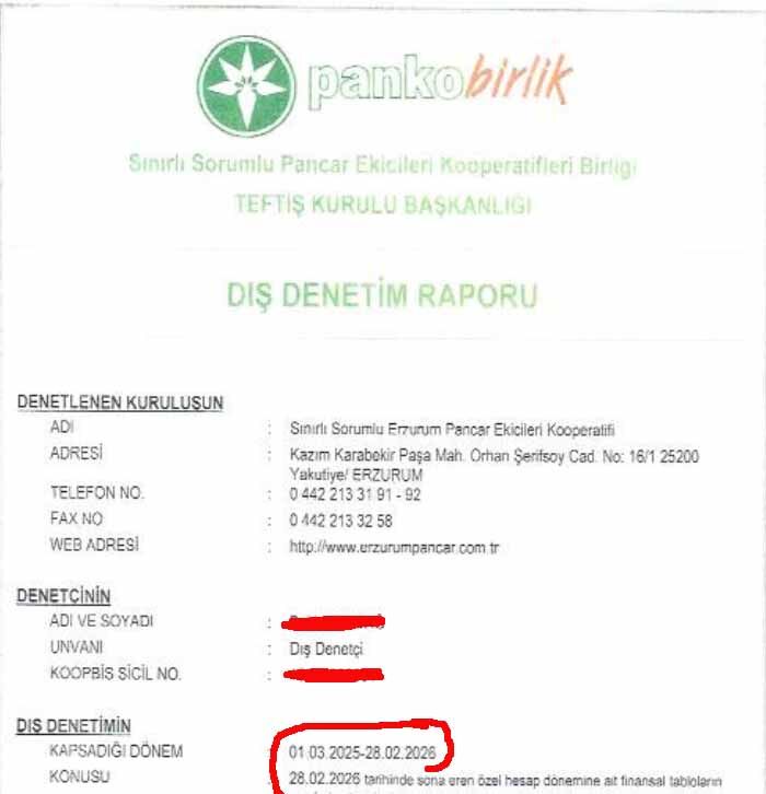 Pancar Kooperatifi Denetim Raporu