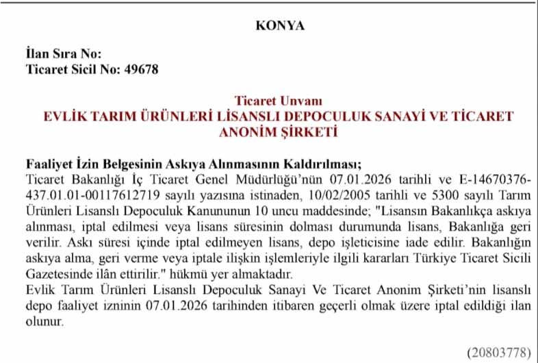 Konya Şeker Lisanslı Depo Lisansları Iptal Edildi