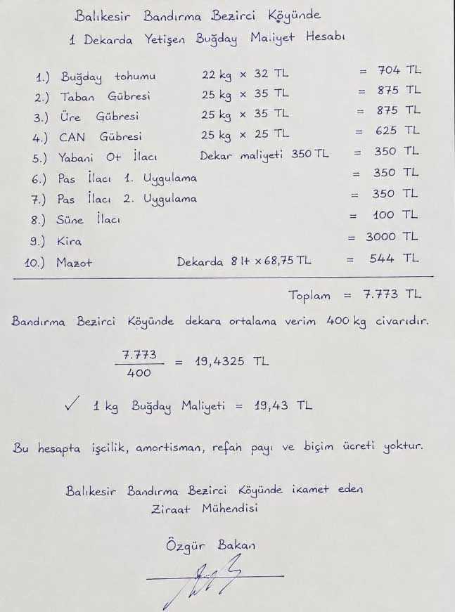 Ciftci Hububat Maliyet Tablosu