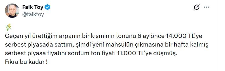 Faik Toy Arpa Fiyati Tepki