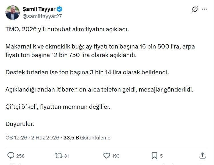 Samil Tayyar Hububat Fiyati Tepki