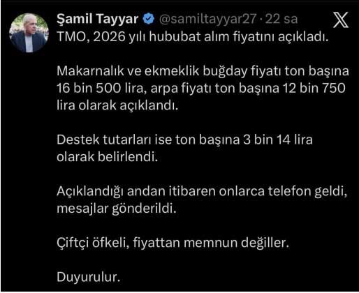 Samil Tayyar Hububat Fiyatlari Tepki