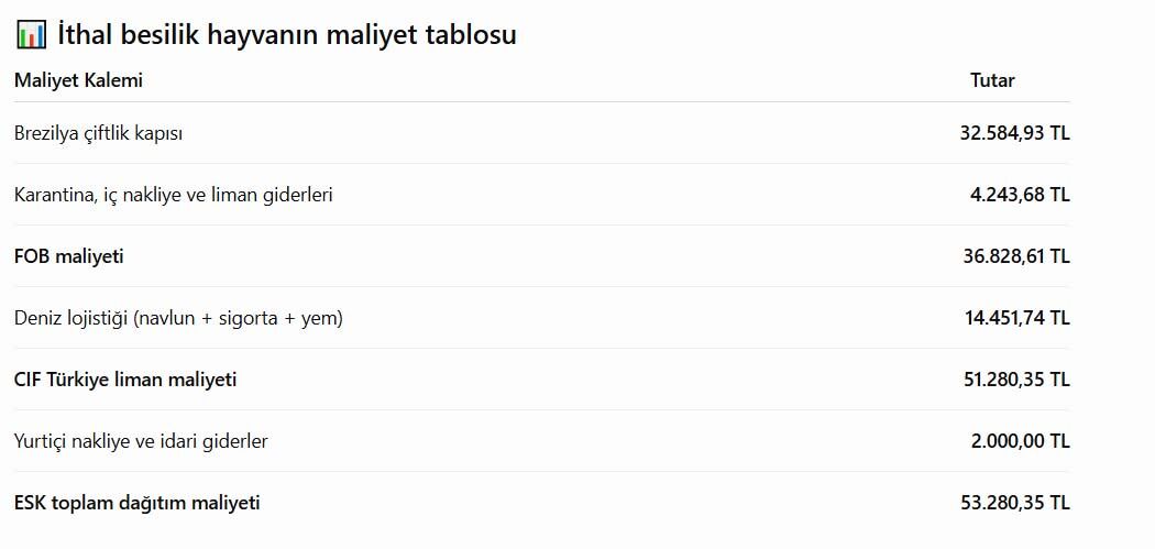 Ithal Besilik Hayvan Maliyet Tablosu