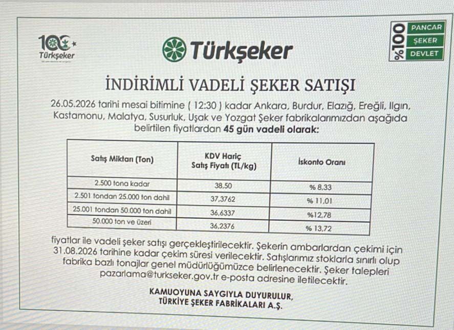 Turkseker Indimli Seker Satis Ilanı Mayis 2026