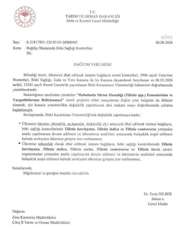 Bugday Ithalati Bitki Sagligi Kontrolleri Talimat Yazisi