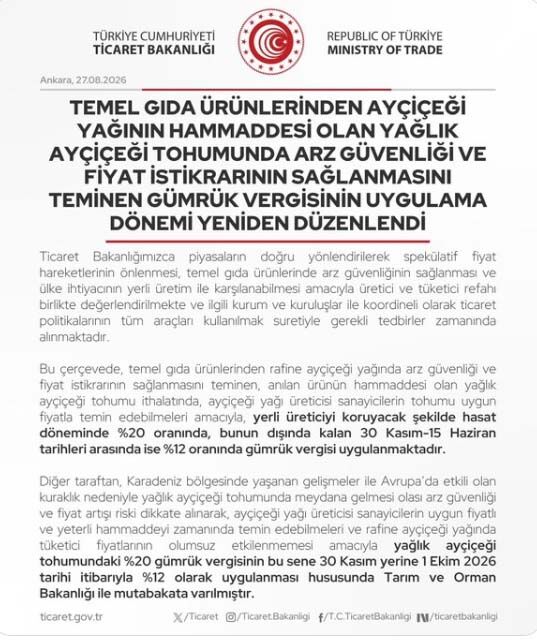 Ticaret Bakanligi Aycicegi Gumruk Vergisi Aciklamasi