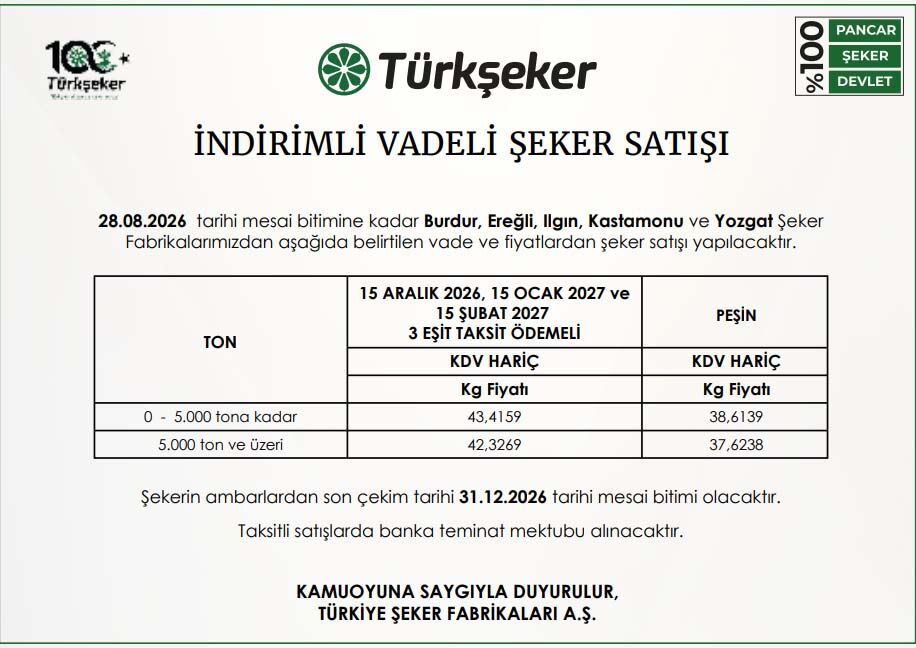 Turkseker 5 Bin Ton Seker Indirimi Agustos 2026