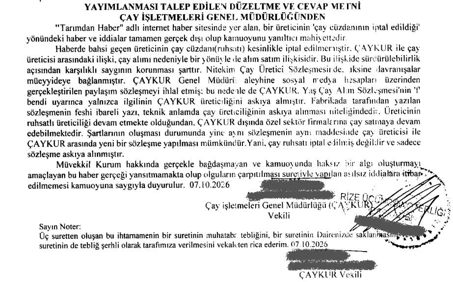 Caykur Tarimdanhaber Ihtarname