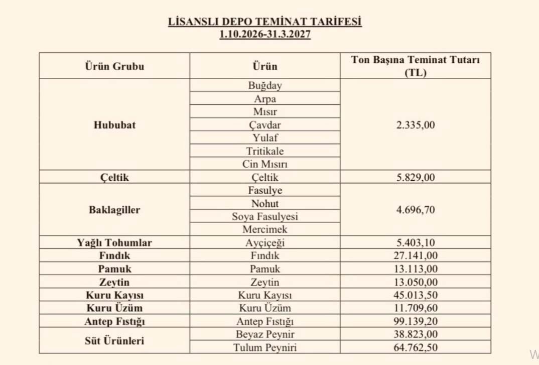 Lisansli Depo Teminat Tarifesi 2026 2027