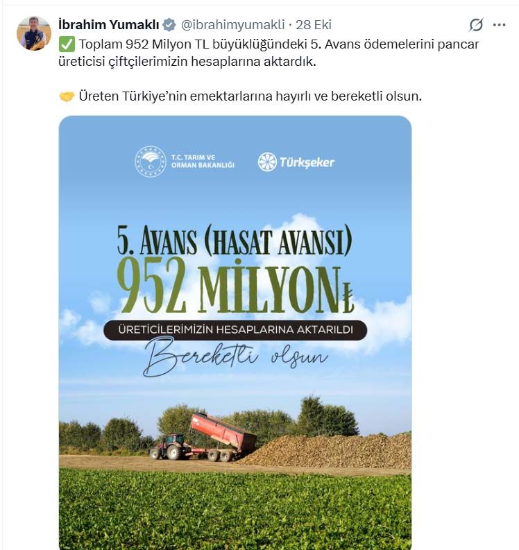 Tarim Bakani Pancar Avans Odeme Paylasimi
